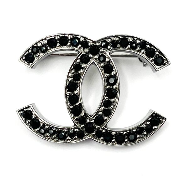 Chanel Silver CC Black Crystal Medium Brooch - Picture 1 of 3